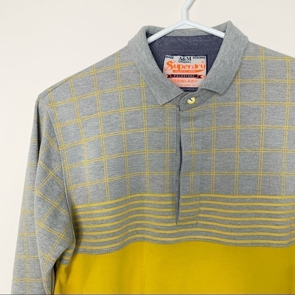 Superdry Long Sleeve Yellow Grey Collared Polo - Picture 4 of 14